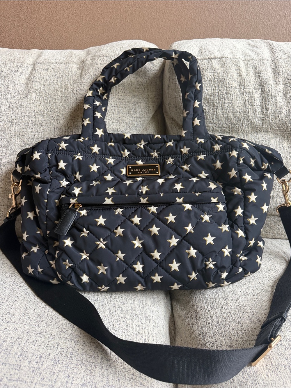 Marc Jacobs Navy Quilted Star-Print Diaper or Travel Bag with Gold Hardware